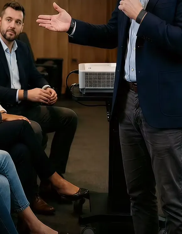 A presenter speaks to a seated audience, the band on his wrist