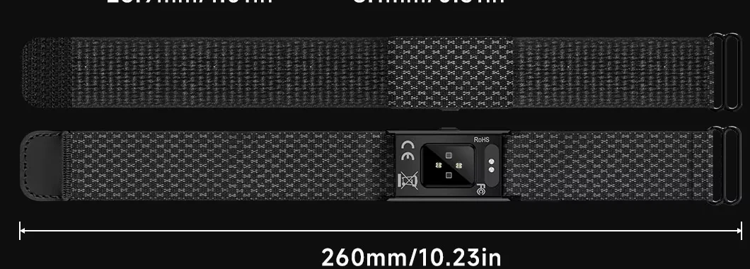 The strap laid flat from above and below, 260 mm long, showing the hook-and-loop fastener and the module's sensor window