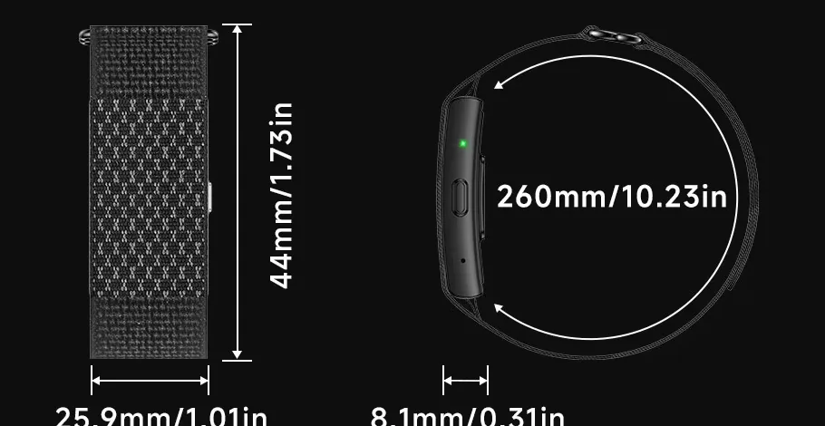 Dimension photos: the strap seen from the front, 44 mm tall and 25.9 mm wide, and from the side, 8.1 mm thick, forming a 260 mm loop