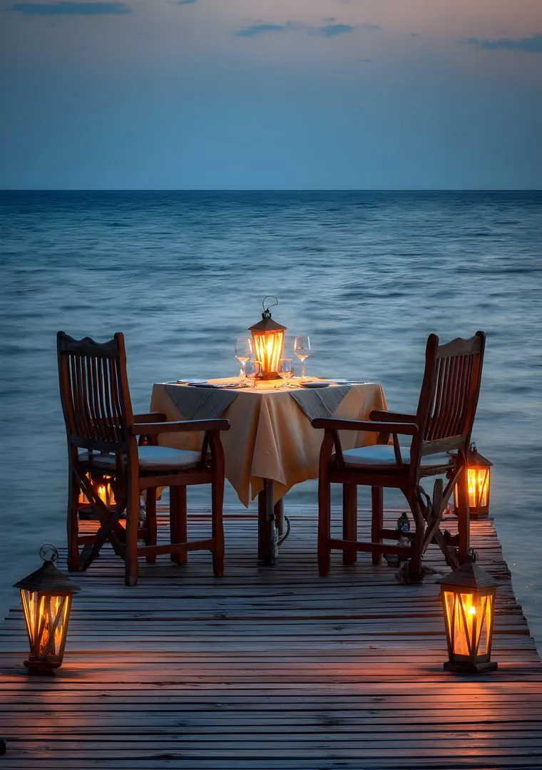 A candlelit table for two on a pier at dusk